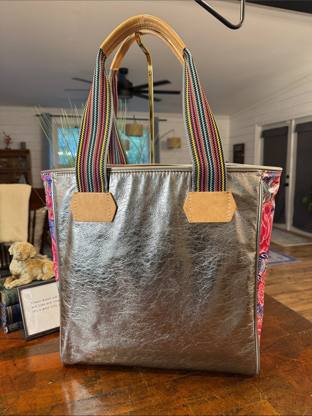 Consuela Metallic Silver Tote with Multicolor Stripe Handles